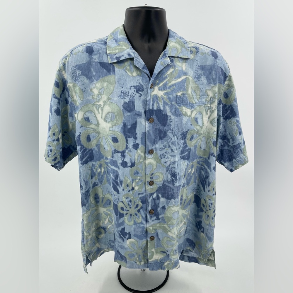 Tommy Bahama Blue Camp Shirt Tie Dye Watercolor Effect Floral Print Size Large L
